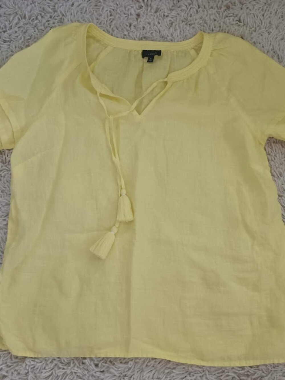 Talbots 100% Linen Blouse Womens M Yellow Tassel Tie Peasant Boho Pintuck Top